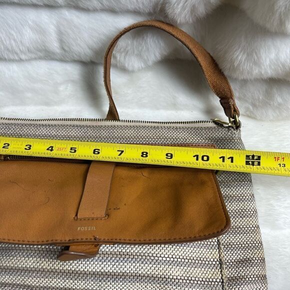 Fossil kinley Cotton stripes beige and taupe leather tan trims crossbody bag. - Picture 7 of 13
